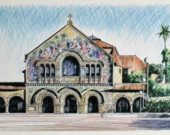 Color pencil print of Stanford Memorial Church and Hoover Tower,signed and numbered.