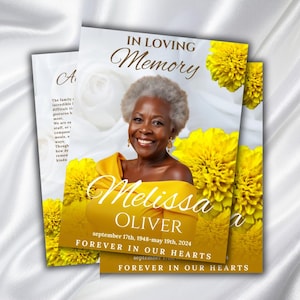 May include: Memorial card featuring a smiling woman in a yellow dress, surrounded by yellow flowers. The card reads "In Loving Memory" and includes the name "Melissa Oliver" with birth and passing dates, and the phrase "Forever in our Hearts."