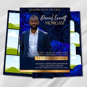 Könnte beinhalten: Eine Vorlage für ein Trauerprogramm mit dunkelblauem Hintergrund und tiefblauen Rosen. Es zeigt das Porträt eines Mannes im Anzug, den Text CELEBRATION OF LIFE, Daniel Everett MORGAN, SUNSET: AUGUST 15TH, 2025, SUNRISE: SEPTEMBER 10TH, 1970, und FUNERAL SERVICE.