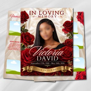 Op de afbeelding: Een herdenkingskaart met een foto, omringd door rode rozen. De tekst "In Loving Memory" is zichtbaar, met de naam "Victoria David" en de data "17 september 1948 - 19 mei 2024". Een banner leest "Forever in Our Hearts".