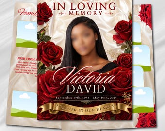May include: A memorial card with a photo of a person, surrounded by red roses. The card reads "In Loving Memory" and includes the name "Victoria David" and dates "September 17th, 1948 - May 19th, 2024". A banner reads "Forever in Our Hearts".