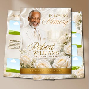 Könnte beinhalten: Eine Trauerprogramm-Vorlage mit dem Porträt eines älteren Mannes im weißen Anzug, dem Text IN LOVING MEMORY, Robert WILLIAMS, JANUARY 15, 1948 - MAY 28, 2024 und FOREVER IN OUR HEARTS, verziert mit weißen Rosen und einem Himmelsstufen-Hintergrund.
