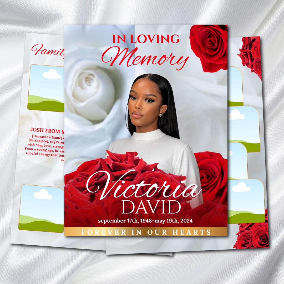 Red Roses Funeral Program Template: Bi-fold Obituary (canva, 8.5x11 ...