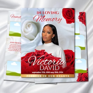 Red Roses Funeral Program Template: Bi-Fold Obituary (Canva, 8.5x11, Digital Download)