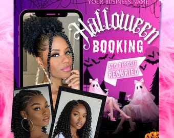 May include: A promotional flyer for Halloween booking services. The design features a woman's portrait, images of hairstyles, and the words "Halloween Booking" in a spooky font. Includes ghost figures and pumpkins.