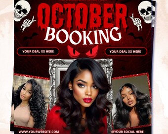 May include: A promotional flyer with a Halloween theme, featuring the text "OCTOBER BOOKING" in red and white. The flyer includes images of women with long, dark hair, skulls, and the website address. The background is dark red.