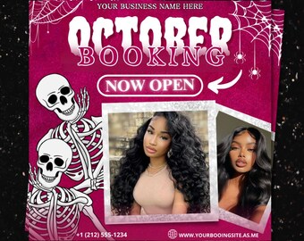 May include: A magenta flyer with the text "OCTOBER BOOKING NOW OPEN" and two photos of women. The flyer has a Halloween theme with spiderwebs, spiders, and skeleton illustrations. Contact information and a website are also included.