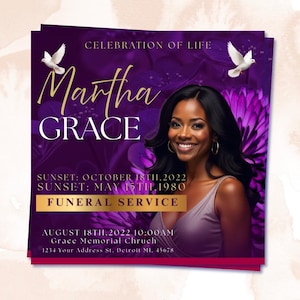 Purple Funeral Announcement Flyer: Celebration of Life, In Loving Memory