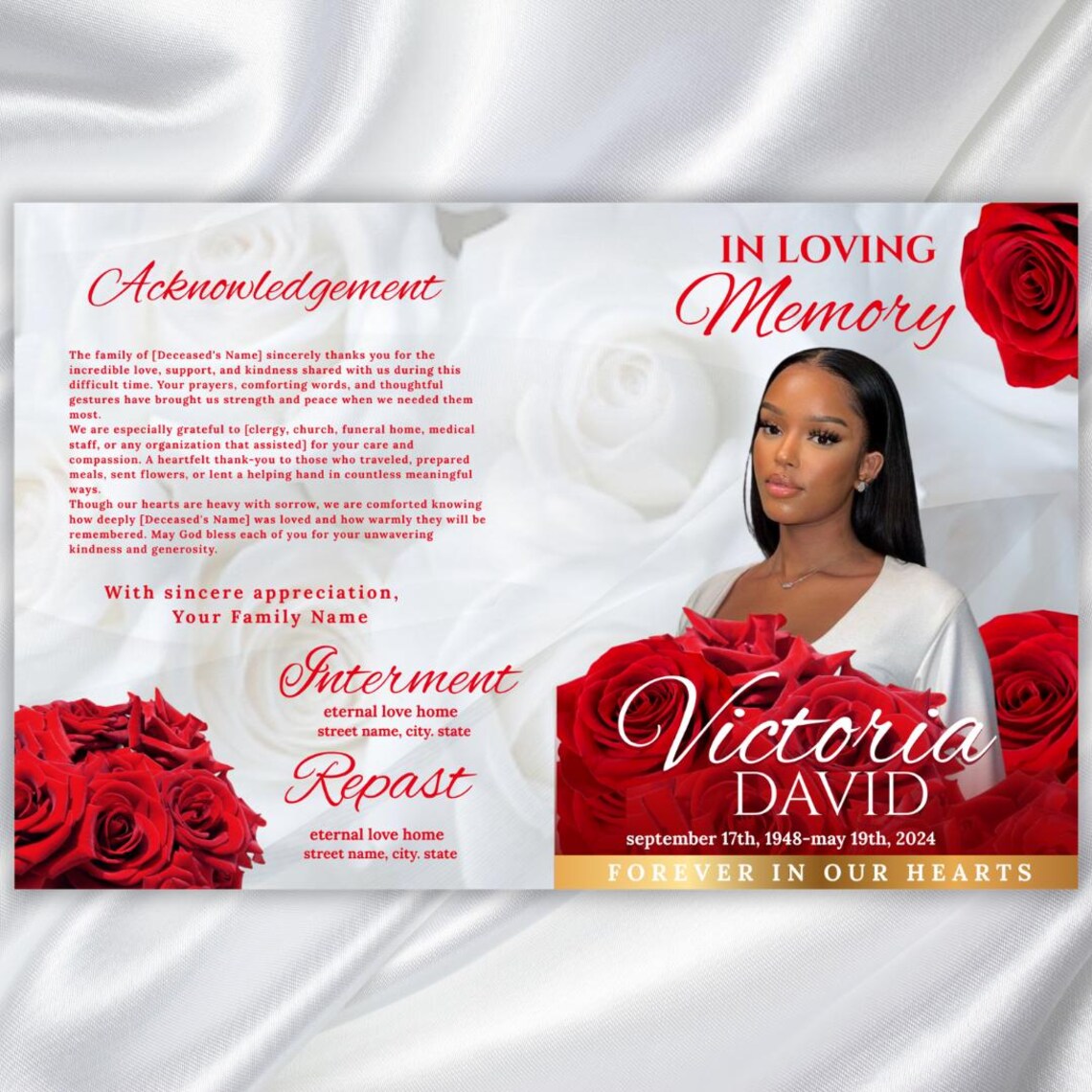 Red Roses Funeral Program Template: Bi-fold Obituary (canva, 8.5x11 ...