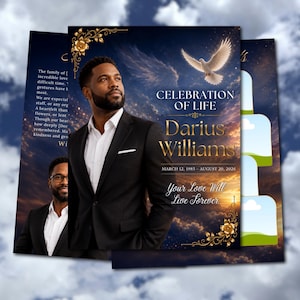 Peut inclure: Un modèle de programme funéraire avec le portrait d'un homme en costume noir, une colombe blanche et des motifs floraux dorés sur un ciel au coucher du soleil. Le texte indique CELEBRATION OF LIFE, Darius Williams, 12 mars 1985 – 20 août 2026.