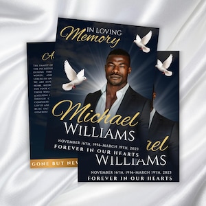Blue Sky Funeral Memorial Program Template: Elegant Obituary, Bi-Fold Design (Canva, 8.5x11, 8 Page)