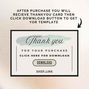 May include: A digital download thank you card design with a watercolor wash background. The card reads "Thank you" and includes instructions to download the template after purchase. A shop link is also provided.