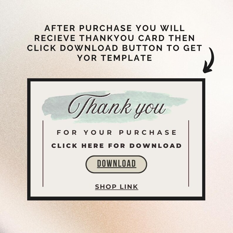 May include: A digital download thank you card design with a watercolor wash background. The card reads "Thank you" and includes instructions to download the template after purchase. A shop link is also provided.
