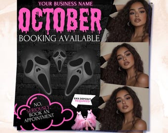 May include: A promotional graphic with the text "YOUR BUSINESS NAME OCTOBER BOOKING AVAILABLE." It features three images of a woman with long, wavy hair and a spooky Halloween theme with ghost face masks and the text "NO, SERIOUSLY, BOOK AN APPOINTMENT."