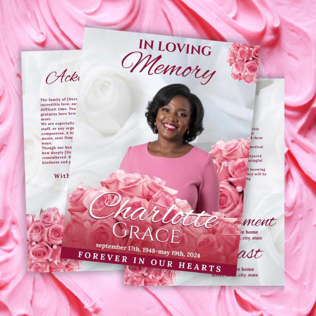 Pink Roses Funeral Program Template: Elegant Celebration of Life (canva ...