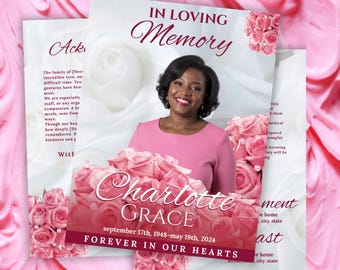 May include: A memorial card with the text "In Loving Memory" and a photo of a smiling woman in a pink dress. The card is decorated with pink roses and the name "Charlotte Grace" with dates. The background is a pink floral design.