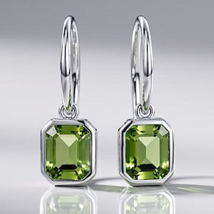 Peridot Green Emerald Cut 14K Gold Plated Dangling Earrings - Brass Metal Peridot Handmade Dangling Earrings for Women - Gift for Her