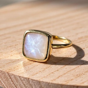 Natural Rainbow Moonstone 14K Gold Plated ring - Brass Metal Cushion Moonstone Bezel Ring for Women - Gift for Her