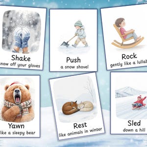 Puede incluir: Seis tarjetas ilustradas con actividades de invierno. Las tarjetas muestran acciones como sacudir la nieve de los guantes, empujar una pala, bostezar como un oso, descansar como animales, mecerse suavemente y deslizarse en trineo por una colina.