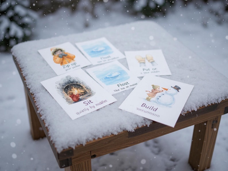 Puede incluir: Un conjunto de tarjetas ilustradas con actividades de invierno, como "Cierra tu chaqueta" y "Construye un mu&ntilde;eco de nieve". Las tarjetas est&aacute;n dispuestas sobre una superficie de madera cubierta de nieve, con un fondo nevado.