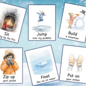 Puede incluir: Un conjunto de seis ilustraciones en acuarela que representan actividades de invierno. Las tarjetas muestran a un ni&ntilde;o sentado junto al fuego, saltando, construyendo un mu&ntilde;eco de nieve, subiendo una cremallera, hielo flotando y poni&eacute;ndose mitones.