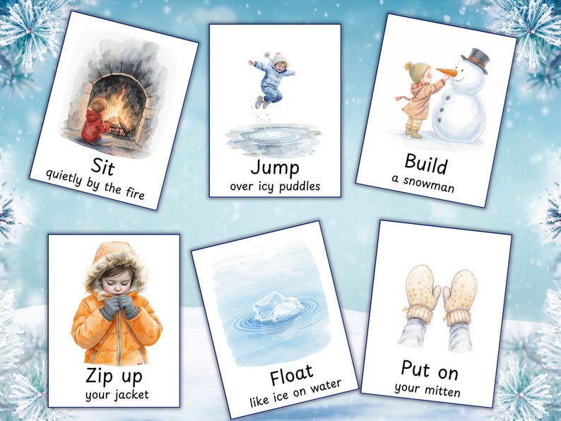 Puede incluir: Un conjunto de seis ilustraciones en acuarela que representan actividades de invierno. Las tarjetas muestran a un ni&ntilde;o sentado junto al fuego, saltando, construyendo un mu&ntilde;eco de nieve, subiendo una cremallera, hielo flotando y poni&eacute;ndose mitones.