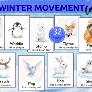 Puede incluir: Juego de 32 tarjetas de movimiento de invierno con ilustraciones de acuarela de animales y ni&ntilde;os. Cada tarjeta muestra una acci&oacute;n con tem&aacute;tica invernal, como "Spin" y "Waddle". Las tarjetas est&aacute;n dise&ntilde;adas para el juego educativo.