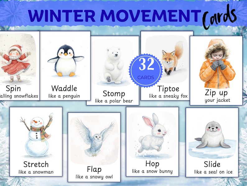 Puede incluir: Juego de 32 tarjetas de movimiento de invierno con ilustraciones de acuarela de animales y ni&ntilde;os. Cada tarjeta muestra una acci&oacute;n con tem&aacute;tica invernal, como "Spin" y "Waddle". Las tarjetas est&aacute;n dise&ntilde;adas para el juego educativo.
