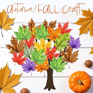 May include: An illustration of a tree with colorful leaves in shades of red, green, yellow, orange, and purple. The image also includes a small orange pumpkin, several brown nuts, and text that reads "autumn/FALL craft."