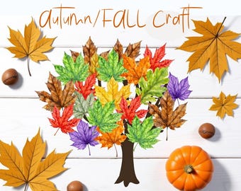 May include: An illustration of a tree with colorful leaves in shades of red, green, yellow, orange, and purple. The image also includes a small orange pumpkin, several brown nuts, and text that reads "autumn/FALL craft."
