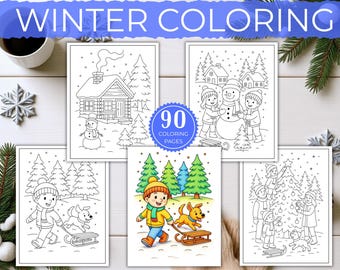 May include: A set of winter-themed colouring pages. The illustrations depict snowy scenes with houses, children building a snowman, and kids playing with dogs. The text "Winter Colouring" is at the top.