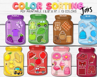 Actividad de combinación de colores, frascos de clasificación de colores para niños, aprendizaje preescolar, materiales de aprendizaje Montessori imprimibles, tarjetas didácticas para niños imprimibles