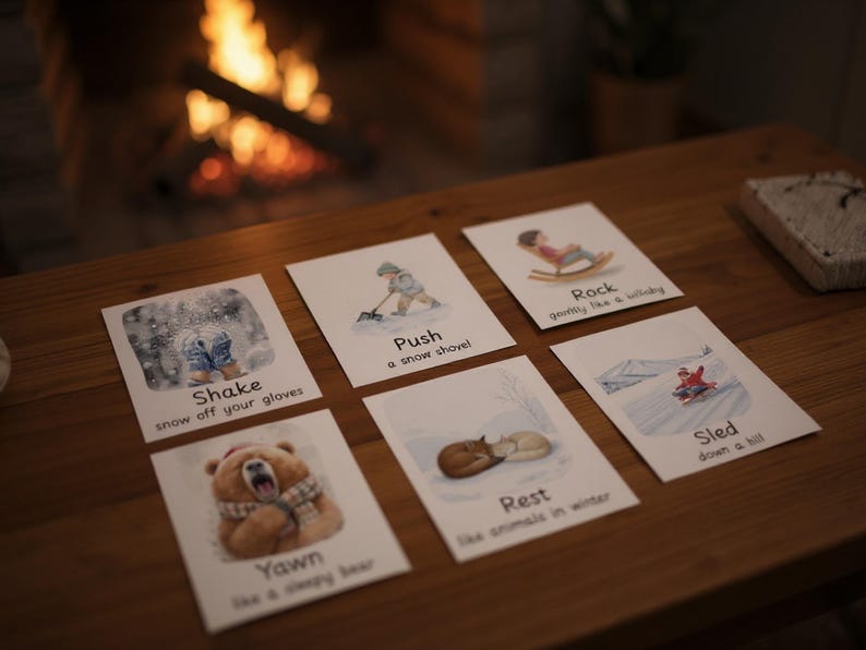 Puede incluir: Un conjunto de tarjetas ilustradas con actividades tem&aacute;ticas de invierno. Las tarjetas muestran im&aacute;genes de un ni&ntilde;o quitando nieve con una pala, un oso bostezando y un ni&ntilde;o desliz&aacute;ndose en trineo. El texto en las tarjetas incluye "Shake", "Push", "Rock", "Yawn", "Rest" y "Sled".