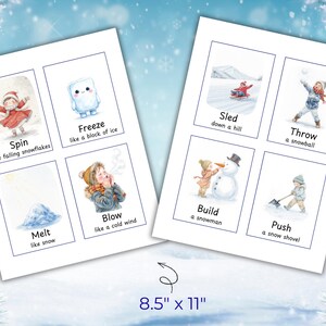 Puede incluir: Dos tarjetas blancas con ilustraciones y texto con tem&aacute;tica invernal. Las tarjetas muestran a ni&ntilde;os jugando en la nieve, con palabras como "Spin", "Freeze" y "Throw". Las tarjetas miden 21,6 cm x 27,9 cm.