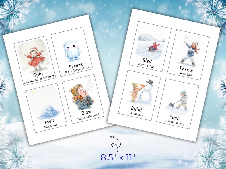 Puede incluir: Dos tarjetas blancas con ilustraciones y texto con tem&aacute;tica invernal. Las tarjetas muestran a ni&ntilde;os jugando en la nieve, con palabras como "Spin", "Freeze" y "Throw". Las tarjetas miden 21,6 cm x 27,9 cm.