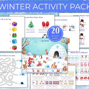 May include: A collection of winter-themed activity sheets for children. The sheets feature illustrations of snowmen, gifts, animals, and winter scenes. The text "Winter Activity Pack" is at the top, and a circular badge reads "20 Activity Sheet".