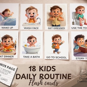 May include: Set of 18 kids' daily routine flash cards with illustrations depicting activities like waking up, washing face, and going to school. Includes a bonus page with a daily routine checklist and activity guard. Digital download.