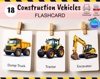 Tarjetas didácticas de vehículos de construcción para niños, tarjetas de aprendizaje imprimibles, tarjetas de maquinaria pesada editables, tarjetas Montessori, excavadora, tractor, camión volquete.