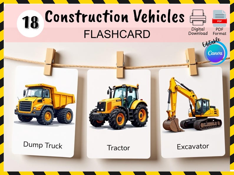 Construction Vehicle Flashcards for Kids Printable Learning Cards ...