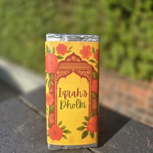 Dholki Chocolate Favour Wrapper – Personalised Party Favours for South Asian Weddings, Shadi, Dholki, Nikkah, Mendhi, Henna Party