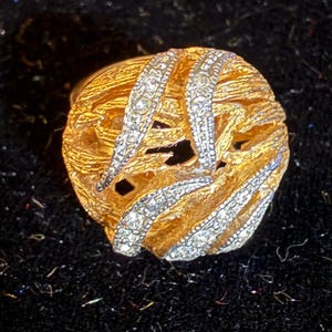 Vintage Gold Plated Statement Ring | Bold Dome Cocktail Ring w/ Rhinestones | Retro Textured Jewelry