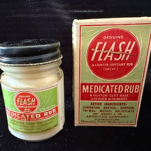 Vintage Flash Medicated Rub | Full Glass Jar w/ Box | 1930s Counter-Irritant Chest Rub | Mutton Suet Base