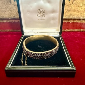 Vintage Bohemian Garnet Bangle Bracelet | Czechoslovakian Rose Cut Garnets | Gold Wash Hinged Bangle w/ Safety Chain | Michaud Box