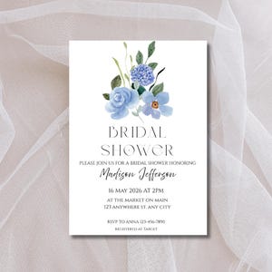 Blue Floral Bridal Shower Invitation, Elegant Bridal Shower Invite, Wedding Shower Canva Template, Printable Invitation