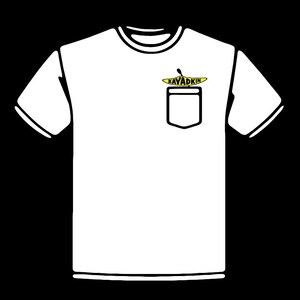 May include: White t-shirt with a black outline. The shirt features a pocket and a yellow kayak graphic with the word "KAYADKIN" above the pocket. The shirt has short sleeves and a crew neck.