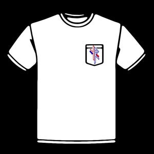 May include: White t-shirt with a pocket featuring a design in red, white, and blue. The t-shirt has short sleeves and a crew neck. The pocket design appears to be a stylized letter or symbol.