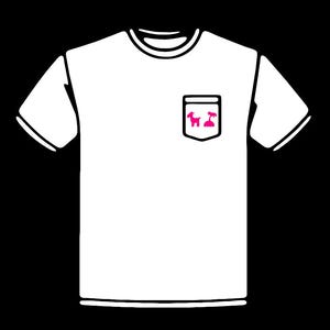May include: White t-shirt with a black outline and a pocket featuring a pink goat and palm tree graphic. The shirt has short sleeves and a crew neck. The design is simple and modern.