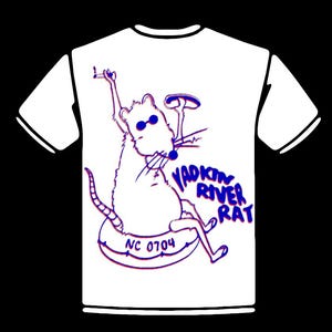 May include: White t-shirt featuring a cartoon rat wearing sunglasses and holding a cigarette. The rat is sitting on a circular float with the text "Yadkin River Rat" and "NC 0704" in blue.