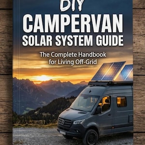 Peut inclure: Un livre intitulé DIY CAMPERVAN SOLAR SYSTEM GUIDE: The Complete Handbook for Living Off-Grid par Overland Tech. La couverture montre un van gris avec des panneaux solaires sur le toit garé devant un paysage de montagne au coucher du soleil. PDF Ebook.