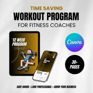 Könnte beinhalten: Digitale Werbung für ein Trainingsprogramm für Fitnesstrainer. Das Bild zeigt ein Tablet und ein Smartphone, die den Inhalt des Programms anzeigen, sowie ein Canva-Logo und einen Kreis mit "30+ PAGES". Der Text lautet "TIME SAVING WORKOUT PROGRAM FOR FITNESS COACHES".
